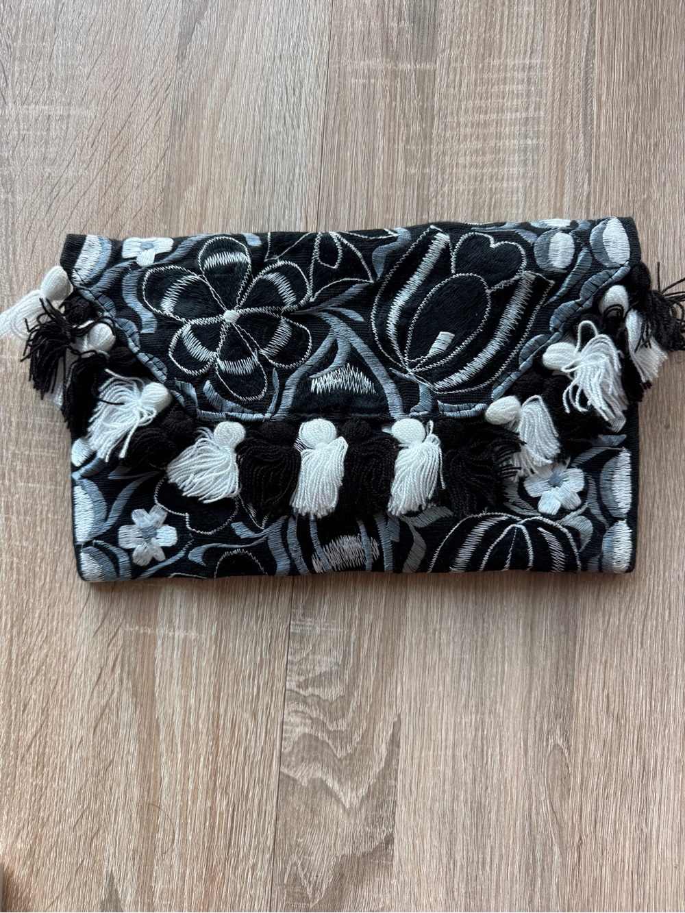 Handmade Mexican Black & White Floral Tassel Foldover Clutch